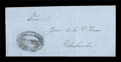 Pampa GrandeFranca black ornate double oval postmark, Department of Santa Cruz, exceptionally attractive marking with crossed leaf fronds at bottom, on 1862 entire folded
letter to Cochabamba, both the marking and cover are extraordinarily han