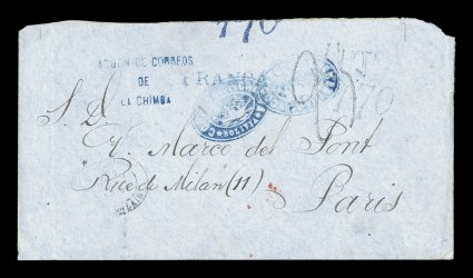 Correos de la ChimbaBolivia negative blue ship illustrated handstamp, Department of Litoral, 1877 cover to France with two strikes of the blue ship marking accompanied by a
variety of matching blue handstamps including Admon de CorreosdeLa