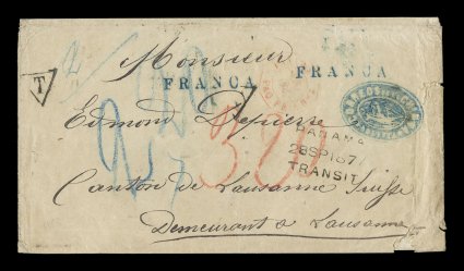 Correos de la ChimbaBolivia negative blue ship illustrated handstamp, Department of Litoral, an unusually well struck example of this marking illustrating a ship, on 1877
cover to Lausanne, Switzerland, furthermore, a variety of services w