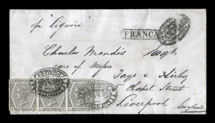 Correos de la ChimbaBolivia negative black ship illustrated handstamp, Department of Litoral, an unusual 1875 cover to England with two full strikes of this rare ship marking
of La Chamba tying a Great Britain 6p Grey, plate 14, right wing-mar