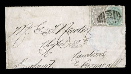 Correos de TocopillaFranco blue circular handstamp, Department of Litoral, similar cover of the same correspondence with a light strike of this postmark on 1877 cover to
Camborne, England, franked with Great Britain 6p Grey, plate 15 and 1- G