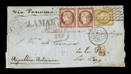 1, 9, 1849-50 10c Bister and 1Fr Carmine horizontal pair, scarce first issue franking on 1852 entire folded letter to La Paz, Bolivia, margins to just in on both values, tied
by black lozenge roller cancel, pair is also tied by the Paris c.d.s.
