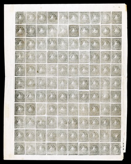 1863 12r-2r Black Garcia essays, complete sheet of 110, another example of this rare sheet in a light shade of grey black that is not as strongly bronzed, without gum as
issued, this sheet is in the more typical condition with horizontal and ver