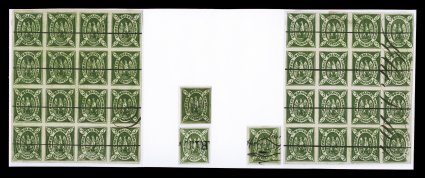 1867 5c Deep yellow green, original plate, second state, a rare partial plate construction consisting of two large and attractive pen cancelled blocks of sixteen, positions
1-437-39 and 9-1245-48, these two blocks are the top four rows at each