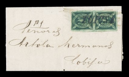 1867 5c Green, fourth re-engraving, lovely vertical pair, positions 5364, possessing deep aqua blue green color with a strong plate wash in the white areas, large to
extra-large margins all around, on entire folded letter of June 18, 1868 to Cob
