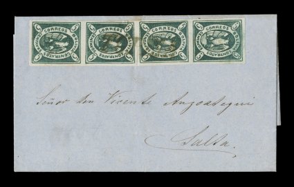 1867 5c Green, fourth re-engraving, vertical strip of four, positions 238, similar color and impression as the previous cover and perhaps from the same sheet, this cover
posted the next day between the same two correspondents, very attractive wi