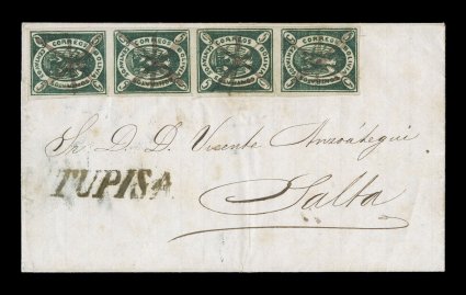 1867 5c Green, fourth re-engraving, vertical strip of four, positions 2258, another pretty strip with rich color with large even margins all around, on entire folded foreign
mail letter of May 14, 1868 to Salta, Argentina, black Tupisa handsta