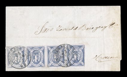 3, 1867 5c Violet, impressive horizontal strip of four from the top of the sheet, large margins nearly all around, just into the frame at left, strong deep color in a bluish
lilac shade, tied to 1867 folded foreign mail cover to Tacna, Peru, pay