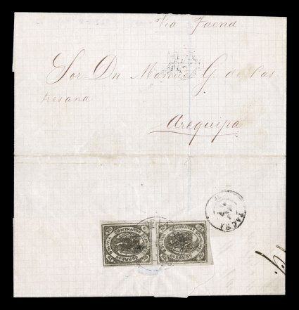4,1867 10c Brown, vertical pair, position 114, clear to large margins nearly all around, just touching at top left, the companion to the previous cover being between the same
two correspondents, the pair is tied across the letter join on the re