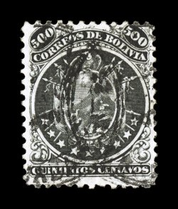 14, 1868 500c Black, well centered used single with Cochabamba postal cancel, fresh and attractive, very fine this extraordinarily high value was never used to frank covers
because there was virtually no postal rate that would require such a hi