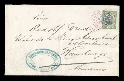 97, 1911 20 Cents1911 Villa Bella provisional surcharge on 2c Green and black, an impressive and historically important 1911 linen cover to Hamburg, Germany with this rare
provisional surcharge, the stamp is well centered and fresh, tied by a