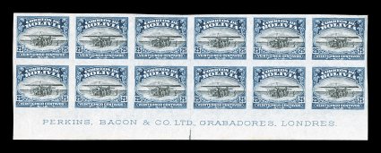 C3 var., 1924 25c Blue and black, imperforate, Perkins, Bacon & Co. bottom imprint sheet-margin block of twelve containing six imperforate pairs, full large balanced margins
on the other three sides, fresh bright colors and razor-sharp impressio