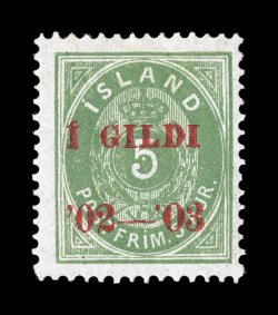 60, 1902-03 5a Green, red overprint, perforated 14 x 13 12, rather well centered, bright color, o.g., lightly hinged, very fine 1998 Eldrup certificate ex-Dr. Scott (Facit 45
18,000SEK).