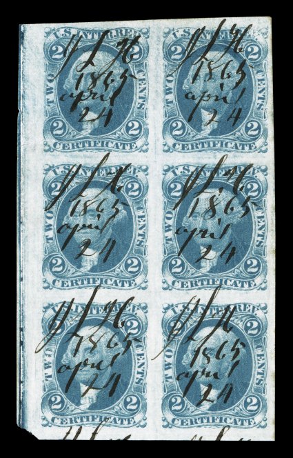 R7a, 2c Certificate, imperforate, incredibly handsome block of six (2x3), with huge margins all around, sumptuously rich color and a highly detailed impression, 1865 ms.
cancels, small tear in left margin and a couple very faint creases, neither