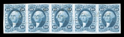 R32a, 10c Bill of Lading, imperforate, horizontal strip of five, full to mostly large margins all around, brilliantly rich color and a crisp impression on pristine white paper,
very fine and quite handsome the Curtis census records just four la
