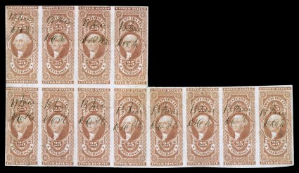 R46a, 25c Insurance, imperforate, irregular block of twelve, bright color, light ms. cancels, small repairs (mostly closing minor tears), very fine appearance this and the
following lot are the only known multiples greater than a block of fou