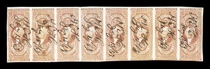 R49a, 25c Protest, imperforate, horizontal strip of eight, mostly large margins, just into design at bottom, 1863 ms. cancels, horizontal crease causes paper splitting in a
couple stamps, second stamp with tear at bottom, very fine appearance o
