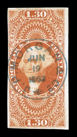 R77a, $1.30 Foreign Exchange, imperforate, four ample to large margins, gorgeous bright color, socked-on-the-nose blue 1863 handstamp of J.P. Morgan & Co., light horizontal
crease and a miniscule closed tear in the bottom margin, fine appear