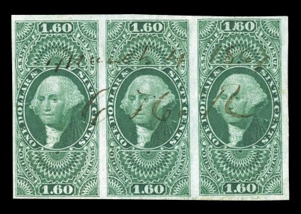 R79a, $1.60 Foreign Exchange, imperforate, horizontal strip of three, large margins, strong rich color, 1867 ms. cancel, horizontal crease that just breaks the paper in the
middle stamp, two small tears at top, very fine appearance this is th