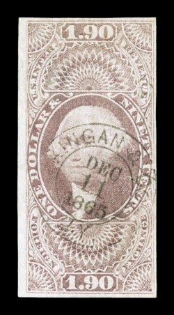 R80a, $1.90 Foreign Exchange, imperforate, impressive used example of this key First Issue rarity, full to large margins all around, attractive color, cancelled by a light
strike of an 1865 double-ring c.d.s. handstamp, very fine 1976 PF certif