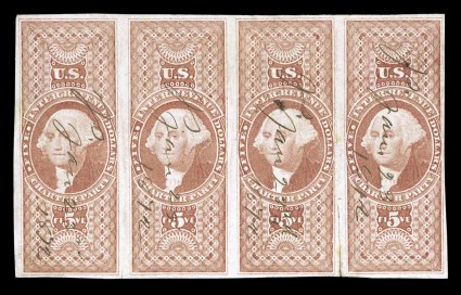 R88a, $5.00 Charter Party, imperforate, horizontal strip of four, full to large margins, rich color, 1872 ms. cancel, vertical crease between last two stamps ending in a sealed
tear, small tear at bottom between first two stamps, very fine appea