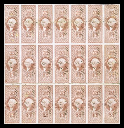 R92a, $5.00 Probate of Will, imperforate, an amazing block of 21 (7x3), which is the largest recorded multiple of this stamp, mostly large margins, just into the frame line in
a couple places, bright color, 1864 ms. cancels, two horizontal c