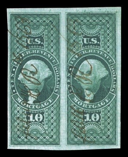 R95a, $10.00 Mortgage, imperforate, horizontal pair, deep intense color and impression, full to mostly large margins all around, 1863 ms. cancel, small horizontal crease in the
bottom of the right margin, otherwise very fine-extremely fine a ve