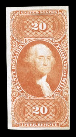 R99a, $20.00 Probate of Will, imperforate, three large margins, fourth at right easily clears, bright color, lightened ms. cancel, small neat repair at bottom left, very fine
appearance.