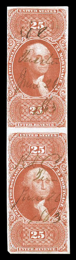 R100a, $25.00 Mortgage, imperforate, vertical pair, brilliantly rich color and a strong impression, clear to large margins all around, 1863 ms. cancels, top stamp with tiny
tear in left margin, bottom stamp with faint horizontal crease, very fin