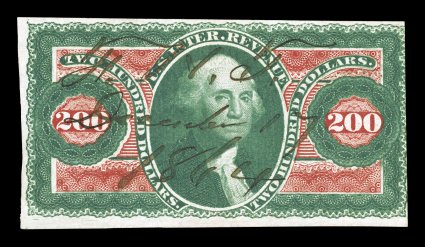 R102a, $200.00 U.S.I.R., imperforate, three large margins, just into the design at right, bright rich colors, 1864 ms. cancel, a fine example of this scarce high
value.
