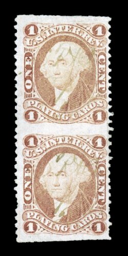 R2b, 1c Playing Cards, part perforate, vertical pair, light ms. cancel, a couple short perfs. at left, tiny corner crease at top right, fine appearance a highly collectable
example of this rarely offered pair.