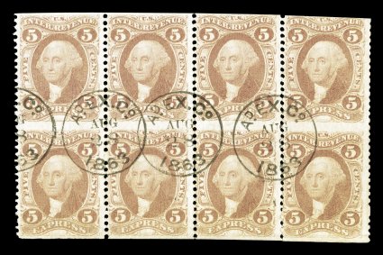 R25b, 5c Express, part perforate, block of eight (4x2), fresh, cancelled by Adams Express Company 1863 c.d.s. handstamps, trivial crease at bottom right,
fine.