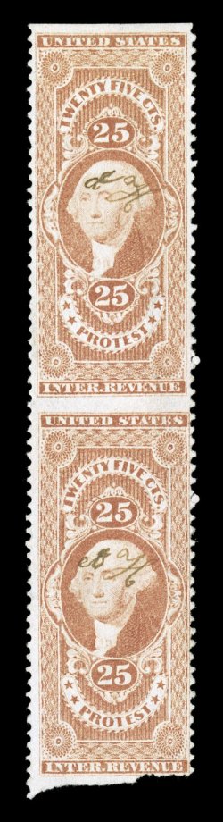 R49b, 25c Protest, part perforated, vertical pair, bright color, petite ms. cancel, irregularly cut at bottom, top stamp with trivial crease, fine appearance a very scarce pair
which is the largest multiple of this part perforate revenue.