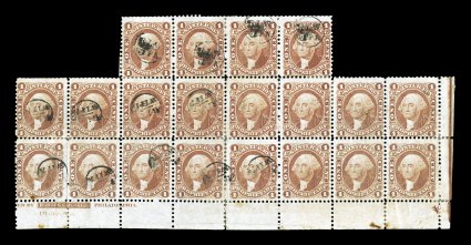 R3c, 1c Proprietary, bottom margin partial imprint and blank Plate No. irregular block of twenty, petite handstamped cancels, with a few stamps at right remaining uncancelled,
small faults, fine-very fine appearance a rarely seen plate block.