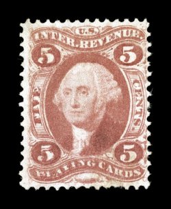 R28ce, 5c Playing Cards, double impression, unused, two clear impressions, rich color, small repair at top left, fine appearance quite undercataloged in Scott considering just
how rarely this error comes to the marketplace.