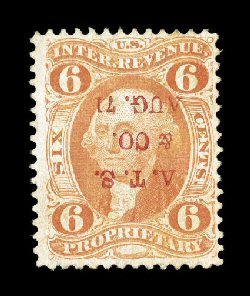 R31c, 6c Proprietary, uncommonly well centered, warm rich color, cancelled by a red A.T.S. & CO.AUG. 71 inverted printed cancel of A.T. Shallenberger & Co., slight thin spot,
otherwise very fine one of the most desirable cancels on th