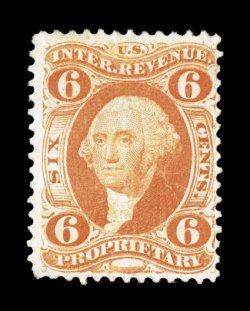 R31c, 6c Proprietary, bright color, lightly cleaned cancel, small faults, fine appearance.