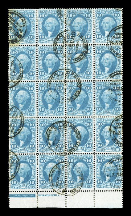 R38c, 10c Proprietary, bottom margin imprint block of twenty (4x5), bright color on fresh white paper, cancelled by light strikes of Gurneys Proof Card circular handstamps,
some hinge reinforced perfs., slight stain between top left stamps,