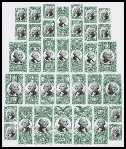Turner Composite Plate A, 1c-$50.00 Second & Third Issue and 1c-10c Proprietary, green and black on India paper, an extraordinary full sample sheet of 36 different subjects
carefully arranged on a large sheet of India paper (196x233mm), similar t