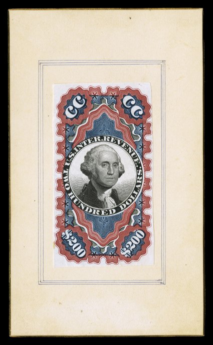 R132P2, $200.00 Blue, red and black Small Persian Rug, small die proof in India, 38x71mm proof affixed to 127x75mm E.B. Sterling presentation card with gilded edges, stunning
colors that are incredibly deep and luxuriant, full margins, proof wit