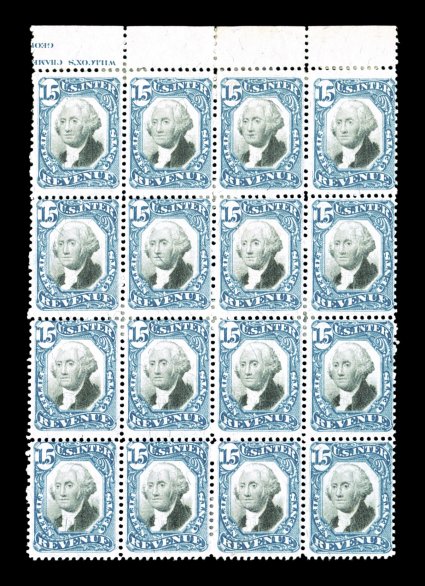 R110, 15c Blue and black, top margin partial inverted imprint block of sixteen (4x4), extraordinarily bright and fresh, full original gum, just a few trivial perf.
reinforcements, top left stamp with faint thin speck, fine this is the largest