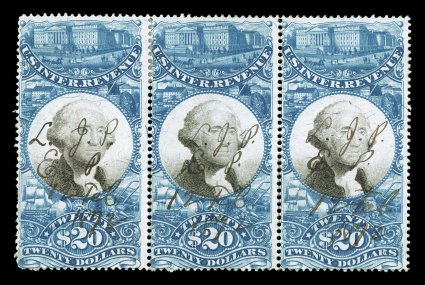 R129, $20.00 Blue and black, horizontal strip of three, brilliantly rich colors, 1872 ms. cancels, end stamps each with a shallow thin spot, otherwise fine only two larger
multiples exist (a block and strip of four).