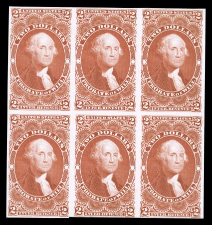 R83P4, $2.00 Probate of Will, plate proof on card, block of six (3x2), large margins except a little close at bottom, strong color, faint corner bend at top left, fine-very fine
blocks of this proof are not listed in Scott, cataloged as six sin