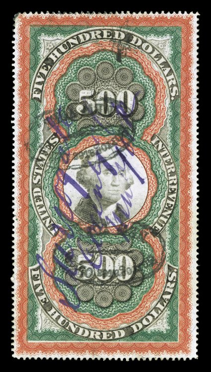R133, $500.00 Red orange, green and black, Large Persian Rug, an especially desirable example of this rare and always popular high value, featuring deep vibrant colors and
strong detailed impressions, cancelled by both a violet ms. and a t