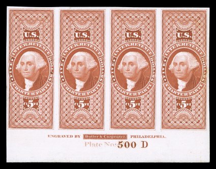 R88P4, $5.00 Charter Party, plate proof on card, bottom margin imprint and Plate No. 500D strip of four, deep rich color, large margins, very fine a scarce imprint
strip.
