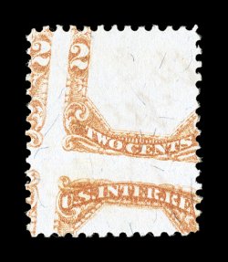 R135 var., 2c Orange and black, frame printed on the back, with the frame being misplaced as always, 1873 ms. cancel of the front, light horizontal crease, otherwise fine a
most unusual eye-catching error that is rarely offered ex-Turner.