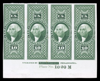 R94P4, $10.00 Conveyance, plate proof on card, bottom margin imprint and Plate No. 1000M strip of four, with three out of four stamps displaying a double frame line at top,
mostly large margins around, strong color, very fine.