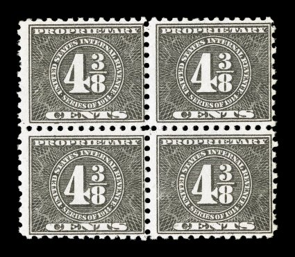 RB42, 4 38c Black, mint block of four, fresh color, o.g., never hinged, tiny gum skip on bottom left stamp, single short perf. at left of top left stamp, fine a very rare
block, being one of only three blocks known and the only never hinged