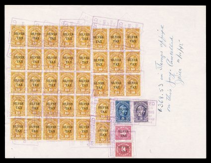RG18, $10.00 Orange, block of 25 (5x5), block of nine (3x3) and a vertical pair (one stamp faulty), tied to back of 1945 Treasury Dept. letterhead by purple boxed cancels,
along with singles of RG3, 11, 15 and 17, bright colors, small faint ver