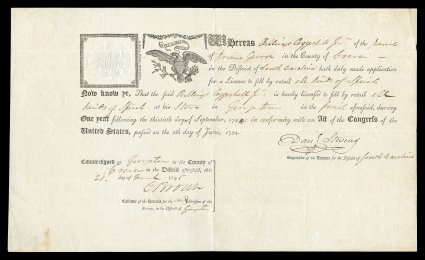 RM400, $5.00 Federal Liquor License embossed, crisp strike on 1794 liquor license from South Carolina, license with illustrated eagle, very fine.